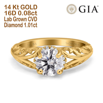 14K Yellow Gold Round Art Deco Filigree GIA Certified 6.5mm D VS1 1.01ct Lab Grown CVD Diamond Engagement Wedding Ring Size 6.5